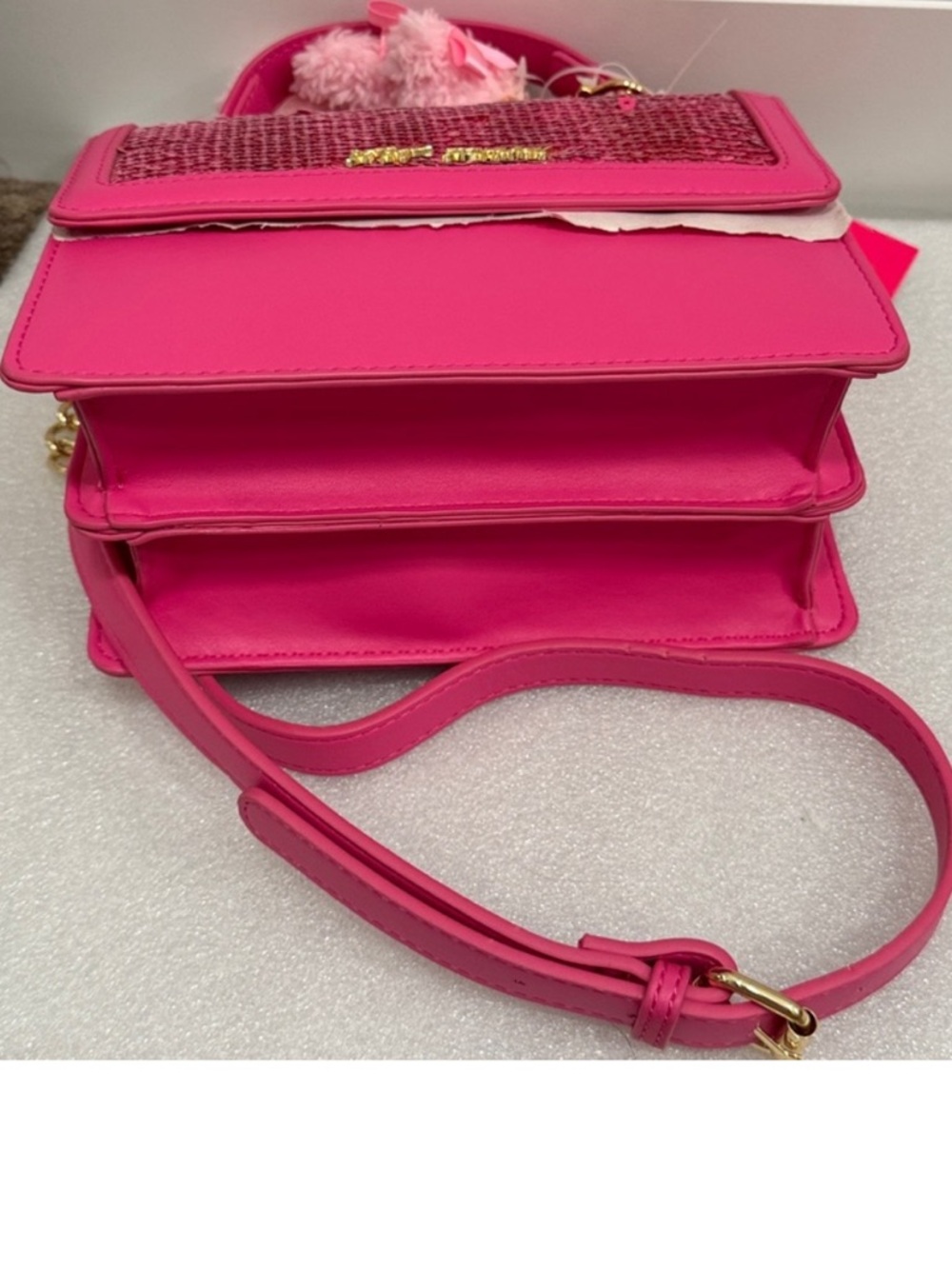 BETSEY Johnson MYLO PINK SEQUIN satchel CROSSBODY BAG pink teddy BEAR bag CHARM - Picture 7 of 13